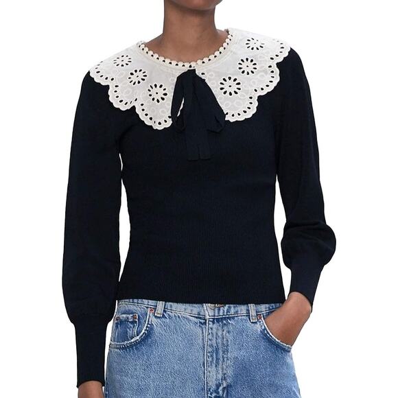 Zara black ribbed sweater with contrasting white embroidered collar size Small - Picture 1 of 10